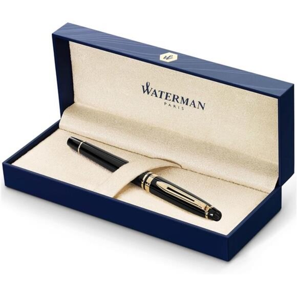 Expert Fountain Pen Gloss Black with 23k Gold Trim Fine Nib Gift Box - Picture 1 of 8